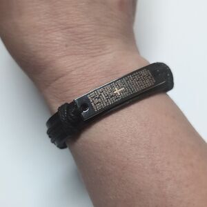 527‎ Spanish Prayer Black Leather Adjustable Slider Bracelet